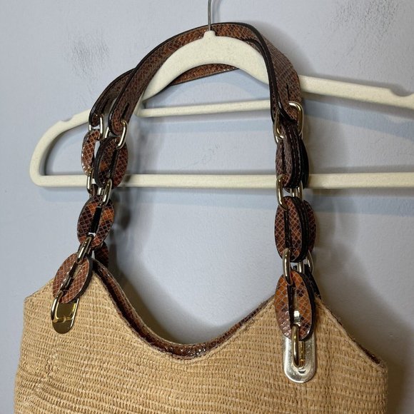 MICHAEL KORS STRAW SHOULDER BAG W/ REPTILE LEATHER TRIM GOLD TONE HARDWARE Boho - Picture 4 of 10